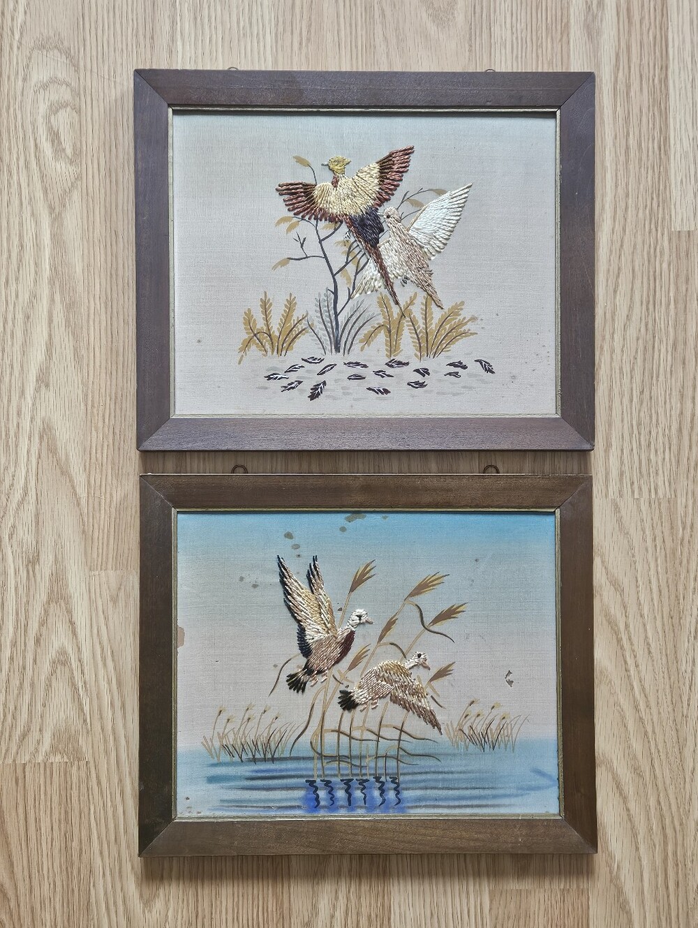 Vintage Enesco Japan Silk Embroidery Bird Art Framed Pair Pheasant Duck Rustic
